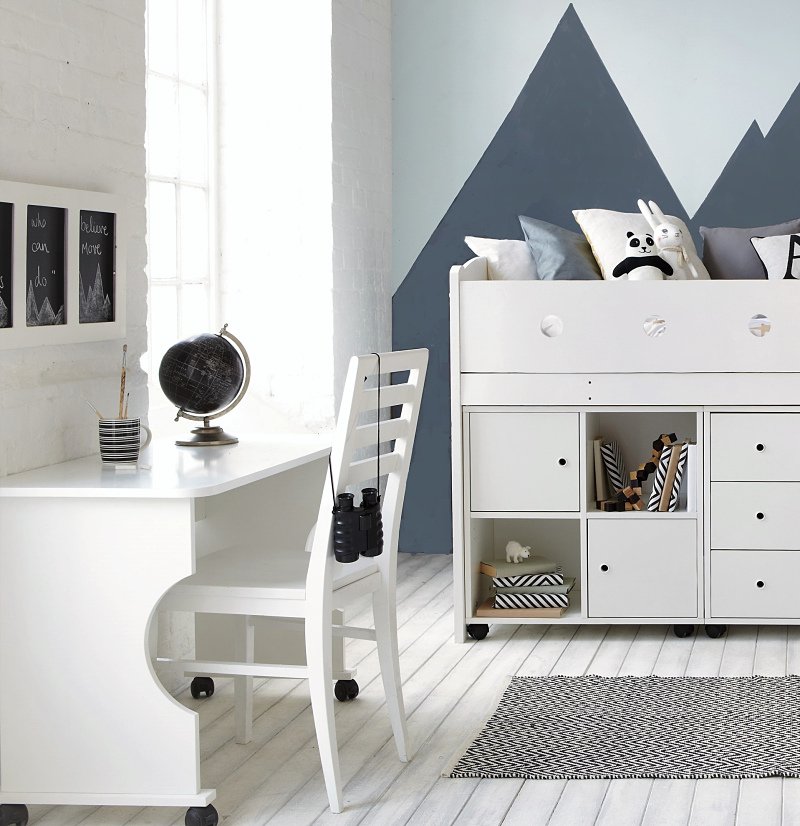 stylish childs bedroom grey and white with white desk and chair with white storage bed